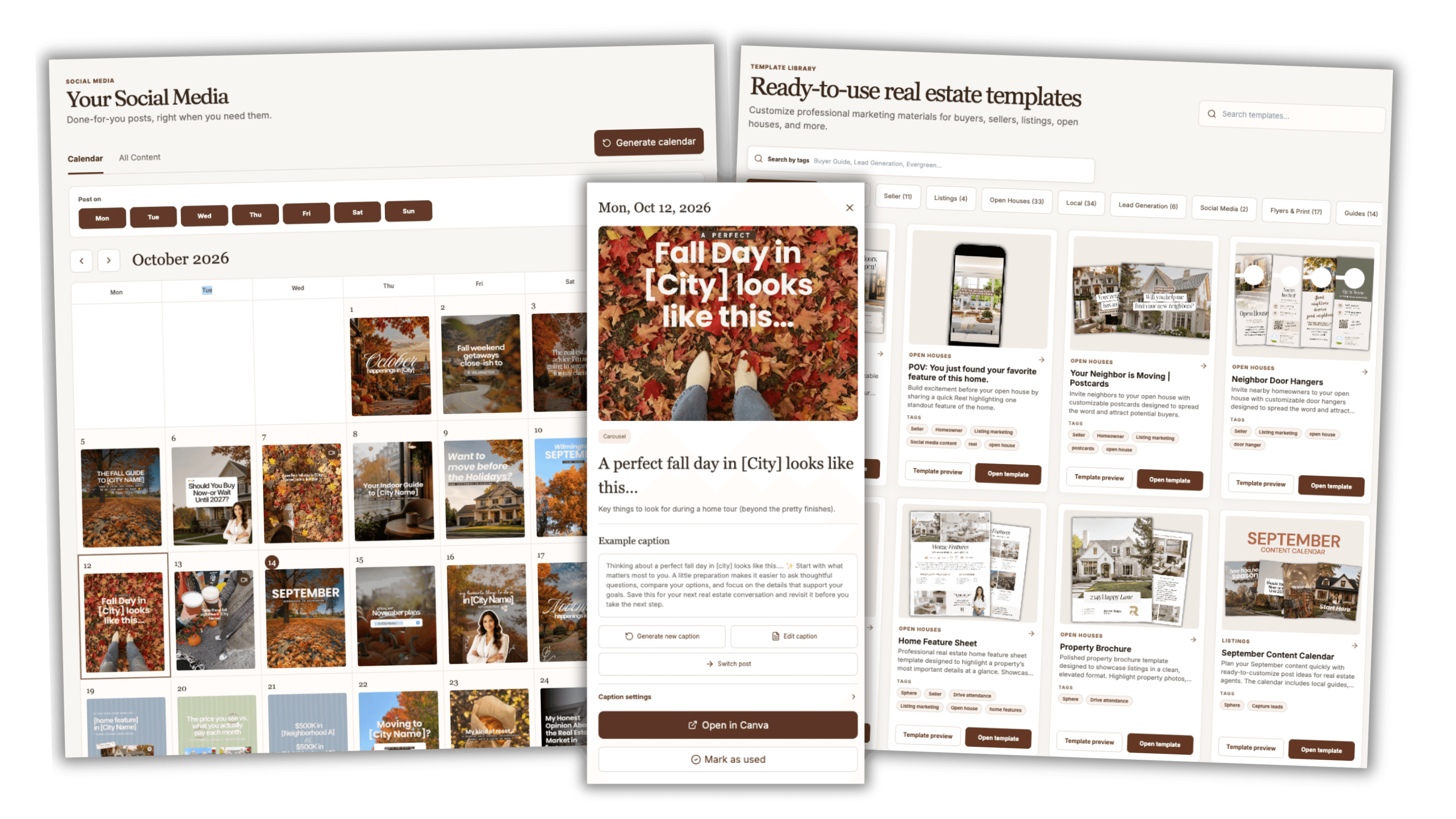 Social media calendar, ready-to-use template library, and post preview