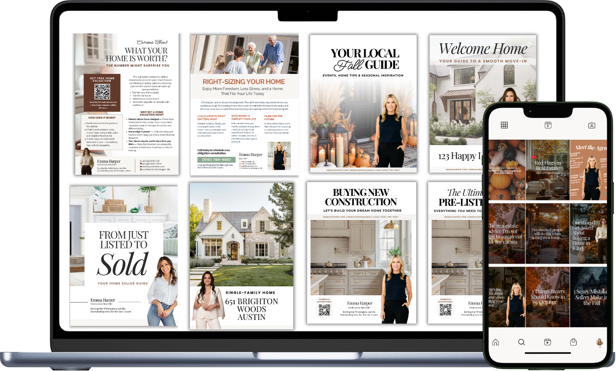 Professional real estate marketing templates displayed on laptop and mobile phone showing social media posts, newsletters, and promotional materials