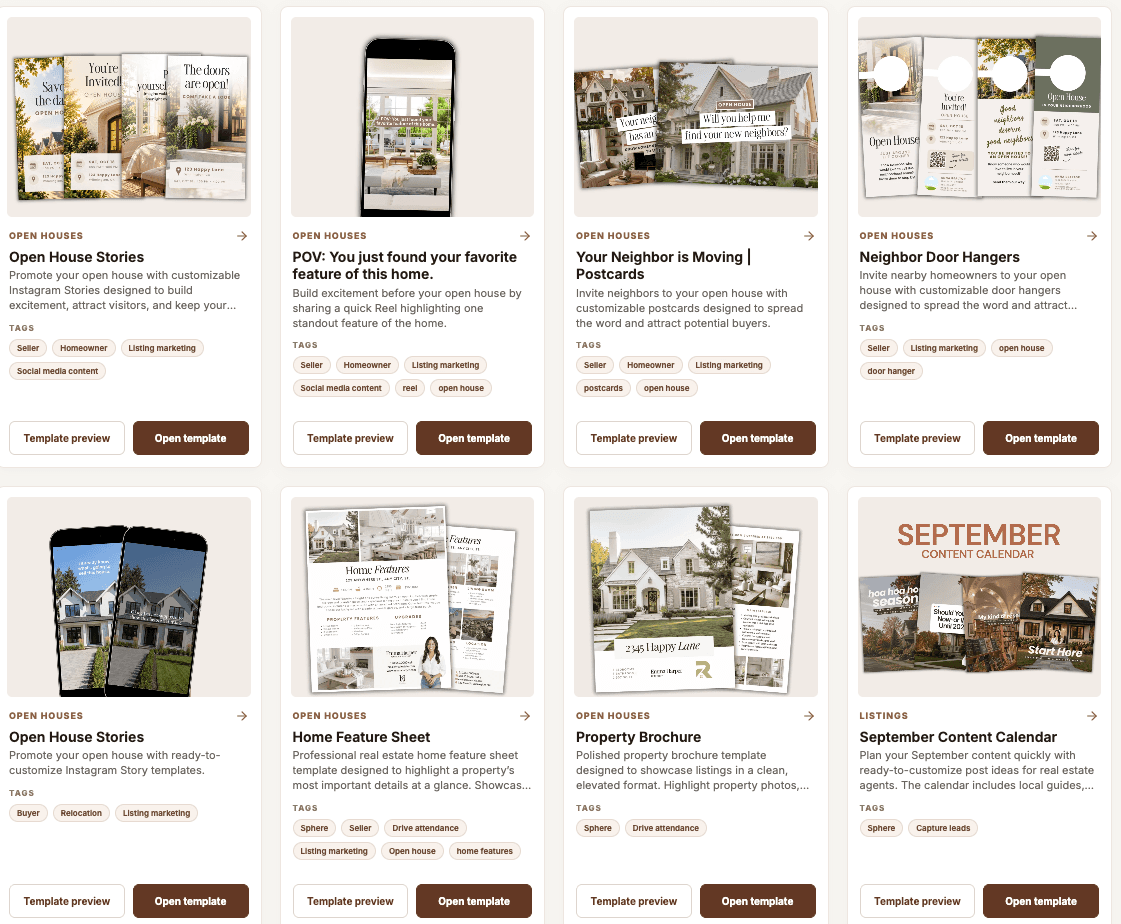 Ready-to-use real estate templates library with categories and template previews