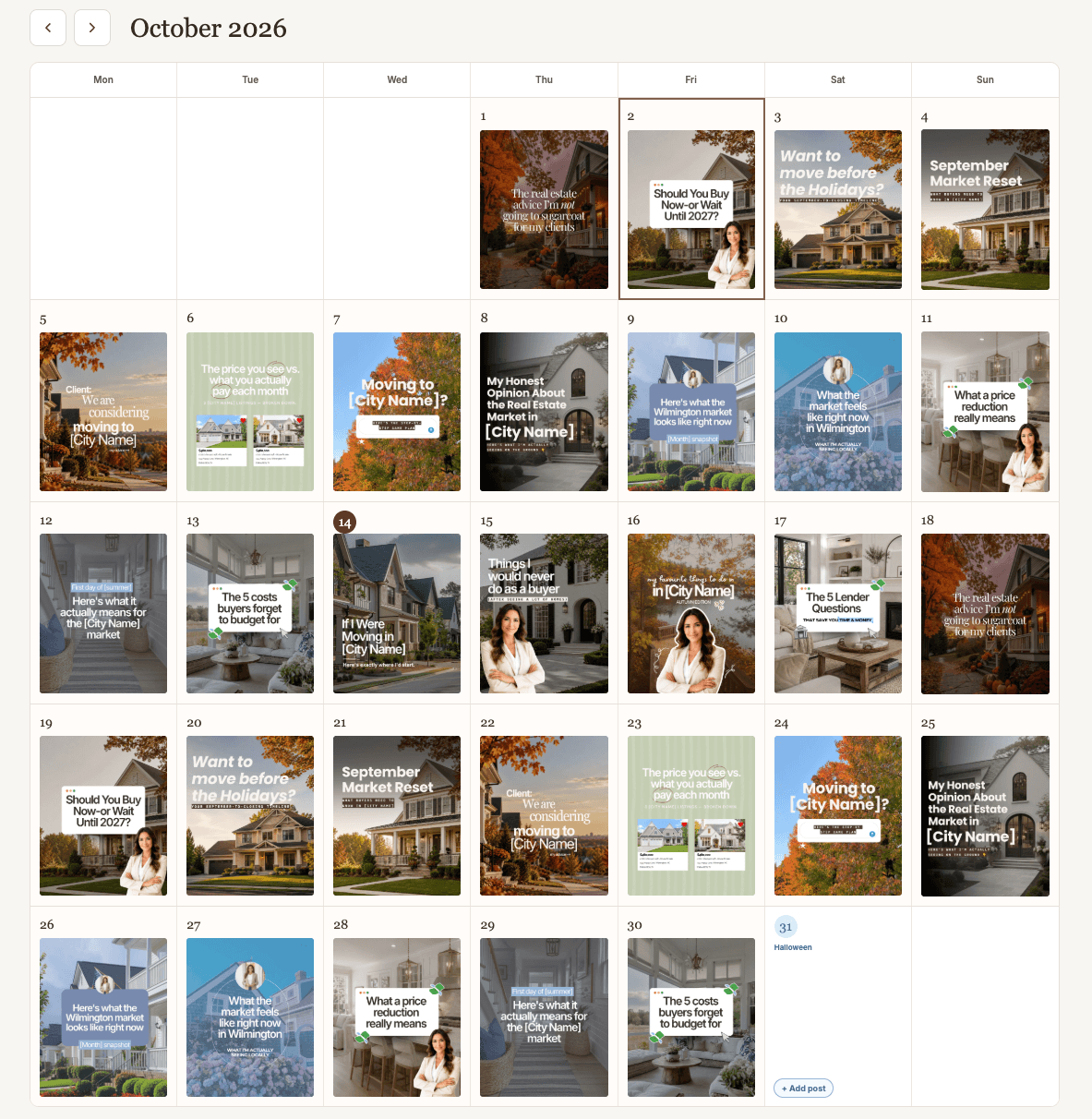 Monthly calendar of planned real estate social media posts