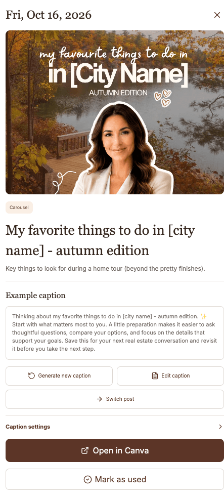 Social media post preview with an autumn real estate caption and design