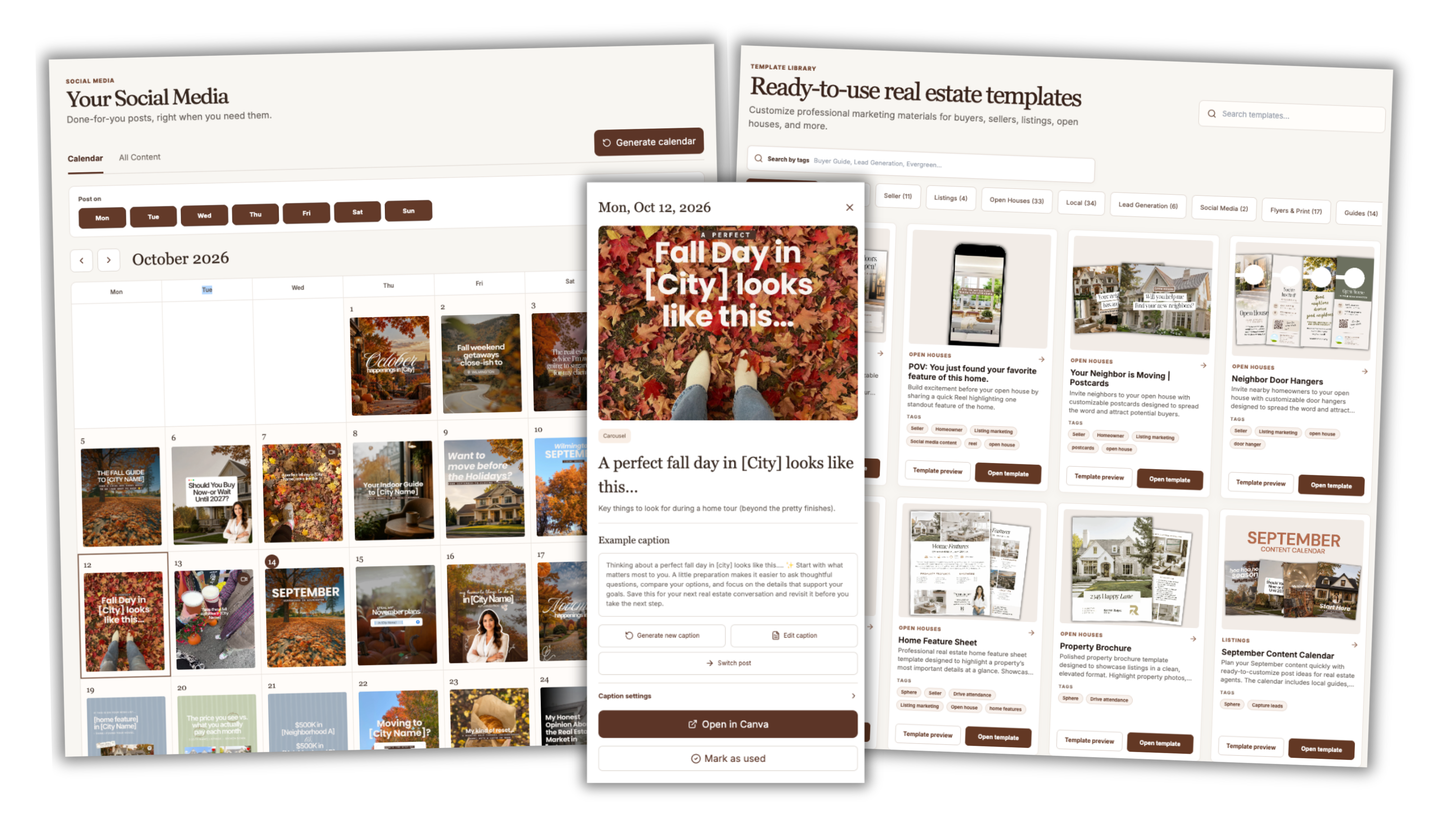 Social media calendar, template library, and post-detail workspace