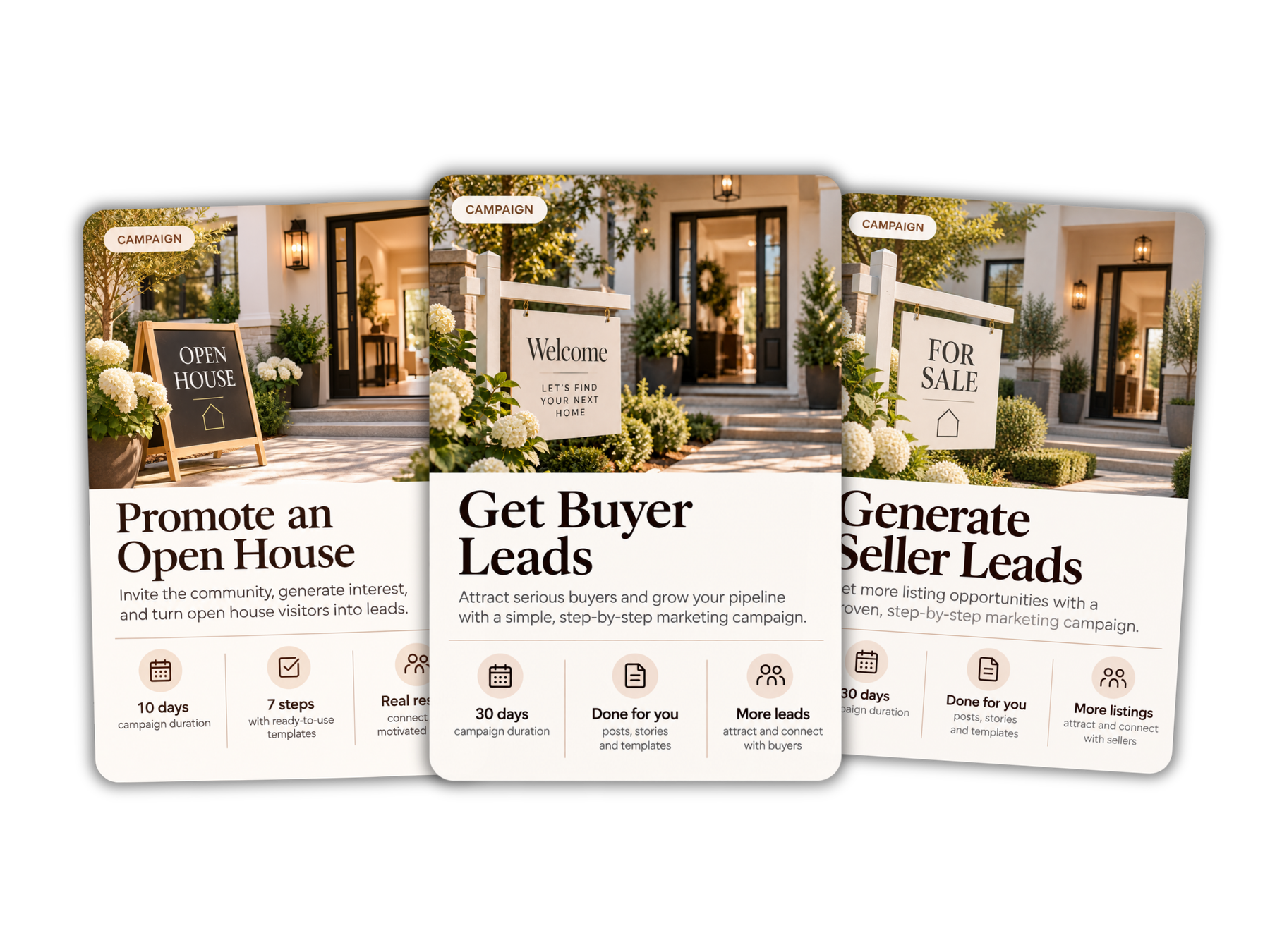 Three ready-to-run campaigns: Promote an Open House, Get Buyer Leads, and Generate Seller Leads