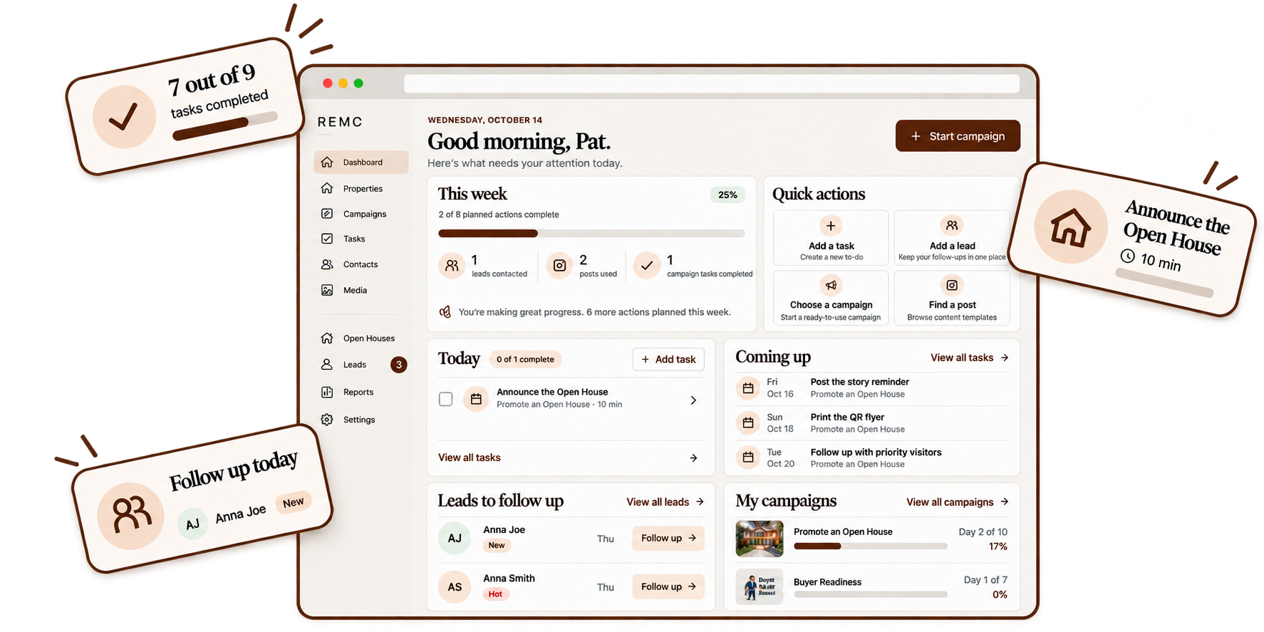REMC workspace dashboard with tasks and campaigns